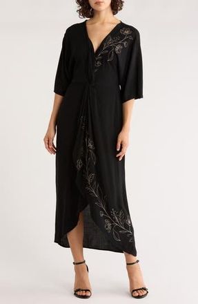 Lovestitch Floral Embroidered Knot Front Maxi Dress in Black/Natural at Nordstrom Rack, Size Medium