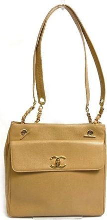 Chanel Beige Grained Calfskin Shoulder Bag Tote Bag (Pre-Owned)