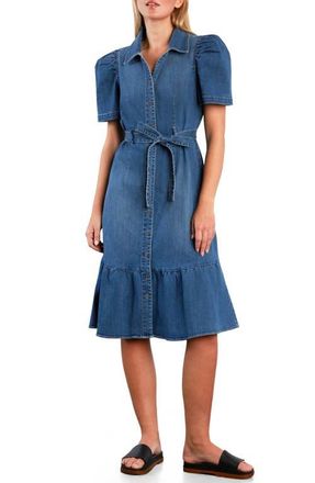 Wash Lab Denim Muse Belted Puff Sleeve Denim Midi Shirtdress in Marina Blue at Nordstrom, Size X-Small