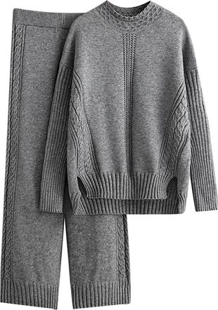 Generic Womens Knitted Set, Winter Knitted Leisure Suit with Trousers and Top, Plain Knitted Jumper, Elastic Waist, Palazzo Trousers, Ribbed Knitted Set, Long