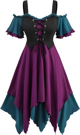 Generic Womens Halloween Outfits Short Sleeve Cold Shoulder Lace-Up Corset Victorian Renaissance Vintage Dresses Medieval Themed Party Dress Purple Plus Size 