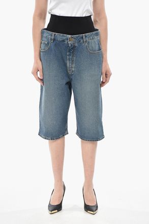 Alaia Shorts Wide Leg in Denim con Fascia Elastica in Vita Alaia