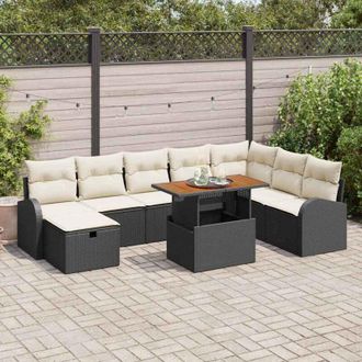 vidaXL Vidaxl - Conjunto De Sof&aacute; De Jard&iacute;n Con Coj&iacute;n 9 Pcs Negro Polirat&aacute;n