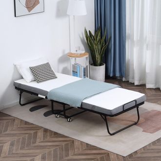 HOMCOM Folding Bed with 10cm Mattress Portable Guest Bed with Metal Frame in White