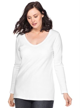 Sheego Langarmshirt SHEEGO Langarmshirt, Damen, Gr. 40/42, weiss (wei&szlig;), 100% Baumwolle, unifarben, Rundhals, Shirts Langarmshirt