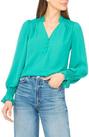 CeCe by Cynthia Steffe Half Placket Smocked Accent Top in Everglade at Nordstrom, Size X-Small