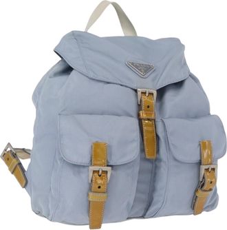 Prada Vela Double Front Pocket Backpack Tessuto With Saffiano Leather Blue Nylon Backpack Bag (Pre-Owned)