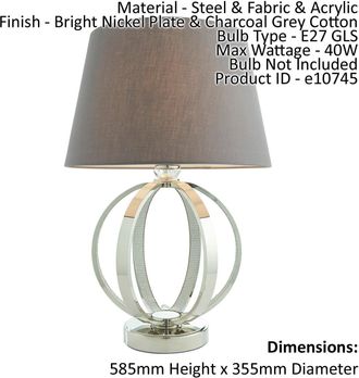 Loops Table Lamp Bright Nickel & Charcoal Grey Cotton 40W E27 Bedside Light