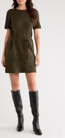 Halogen Short Sleeve Tie Waist Sweater Dress in Deep Olive at Nordstrom Rack, Size Xx-Small