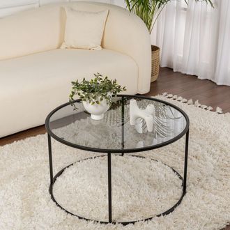 Dmora Mesa De Centro Moena, Forma Redonda, Tapa De Vidrio, Color Transparente, 80x80x43h Cm Negro