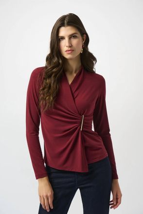 Joseph Ribkoff Faux Wrap Long Sleeve Fitted Top In Merlot