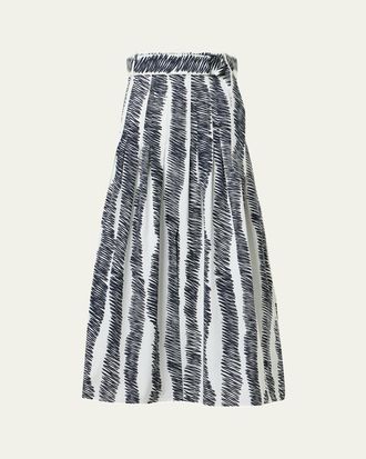Akris Scribble Pleated Cotton Poplin Midi Skirt With Belt