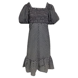 Ganni Ganni Gingham Puffed Sleeve Midi Dress in Black Cotton