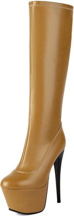 Generic Womens Knee High Boots Round Toe Stiletto Heels Platform Side Zip PU Leather Soft Upper Cushioned Insole Comfortable Non Slip Wear Resistant Party Eve