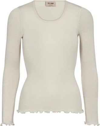 Mos Mosh Naadloze Tee Top met Geribbeld Ontwerp - Dames - Longsleeves - Beige - S/M - Wol - Tops