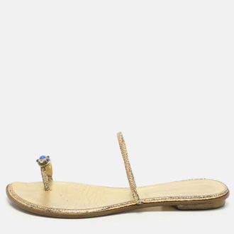 Roberto Cavalli Gold Leather Toe Ring Flat Sandals