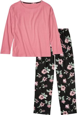 Bonprix Pyjama BONPRIX, Damen, Gr. 40/42 (M), lila (beerensorbet, schwarz gebl&uuml;mt), Obermaterial: 100% Baumwolle, bedruckt, Basic lang, Rundhals, Homewear-Set