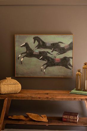 Kalalou Framed Paint Over Print Four Run Away Race Horses