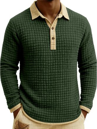 Generic Long Sleeve Polo Shirts Mens Plus Size Mens Waffle Knit Polo Shirt Breathable Design with 3-Button Collar Green XL