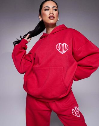 KAIIA cotton blend contrast heart logo oversized hoodie in red and pink - part of a set
