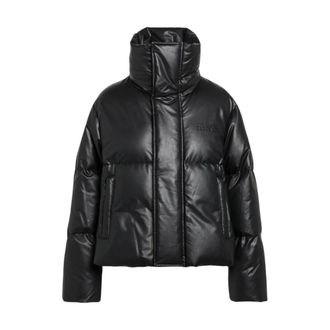 Maison Margiela Jassen, Dames, Zwart, S, Leer, Gepolsterde Kunstleren Jas met Hoge Hals