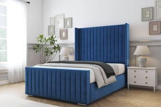 Comfort Beds Chester Plush Bed Frame With Mattress-50 Upholstered Wingback in Navy | Size: Single