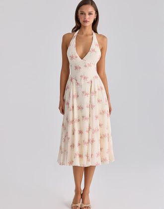 House of CB Solada - Vestito midi allacciato al collo in georgette color avorio con stampa di rose vintage-Bianco