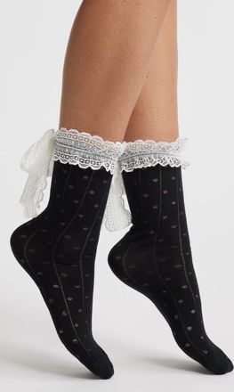 High Heel Jungle Lace Trim Cotton Blend Crew Socks in Black at Nordstrom