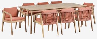 Sklum Set De Mesa Rectangular 220x100 Cm Y 8 Sillas De Jard&iacute;n En Madera De Acacia Y Cuerda Trenzada Kaela Sklum