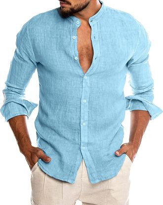 Generic Mens Collarless Shirts Long Sleeve, Mens Linen Shirts Long Sleeve With Crew Collar Shirt Casual Plain Smart Shirt Blouse Slim Fit Shirt Top Country Sh