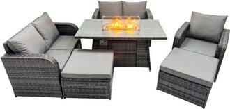 Fimous 7-seater Patio Gas Firpit Dining Table Sofa Sets Rattan Garden Furniture Dining Set with 2 Big Stools Dark Grey Mixed - Fimous