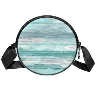 Generic Circle Crossbody Bag for Women, Turquoise White Wood Planks Small Sling Bag Daypack with Zipper Adjustable Shoulder Straps Casual Ladies Girls Round P