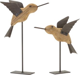 Melrose International Natural Fir Wood Bird Figurine with Rustic Metal Accents (Set of 2) - Brown, Black
