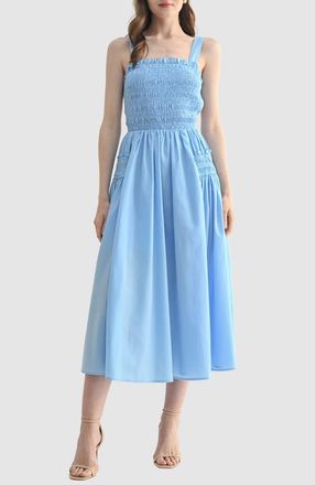 All in Favor Smocked Cross Back Midi Sundress in Light Blue at Nordstrom, Size Medium