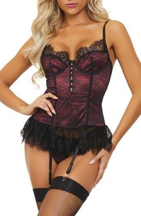 Seven til Midnight Lace Skirted Basque & Thong Set in Black/Wine at Nordstrom Rack, Size 1X/2X