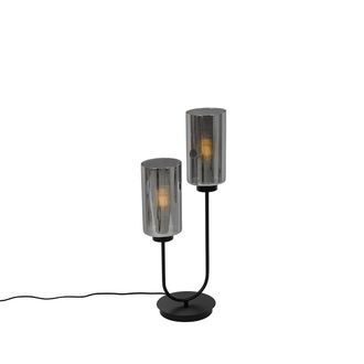 QAZQA Art D&eacute;co L&aacute;mpara De Mesa Art Dec&oacute; Negra Con Cristal Ahumado 2 Luces - Laura Vidrio /acero Alargada Adecuado Para Led Max. 2 X 40 Watt - Qazqa
