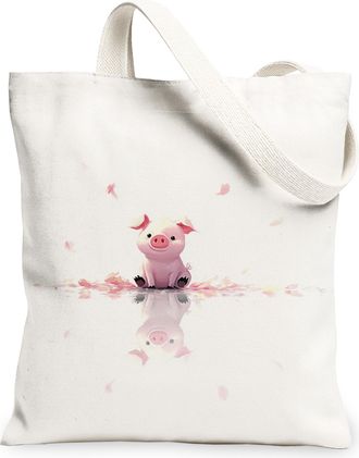 Generic Cute Pigs Canvas Tote Bags, Fanciful Animal Design Lightweight Reusable Grocery Bags, Spring Floral Washable Shoulder Strap, White, 13x15 Inch