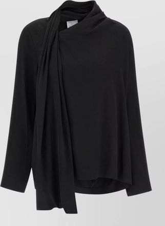 Nude draped asymmetric long-sleeve blouse
