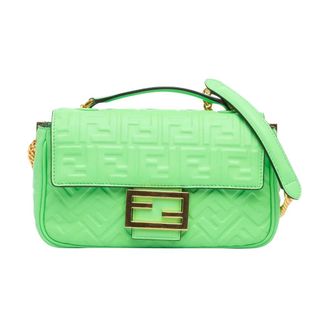 Fendi Pre-owned Zucca Embossed Leather Chain Midi Baguette - Dames - Pre-owned - Groen - Maat: ONE Size Leer