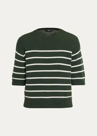 Theory Striped Cashmere Crop Short-Sleeve Sweater
