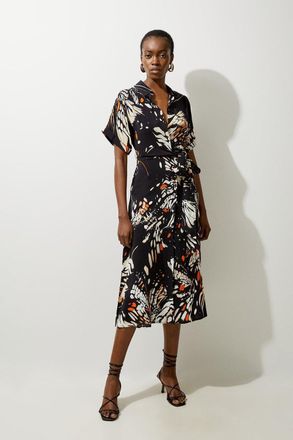 Karen Millen Butterfly Print Viscose Crepe Twist Front Midi Shirt Dress