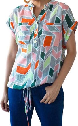 Eva Franco Nico Drawstring Roll Sleeve Top In Peach Geo