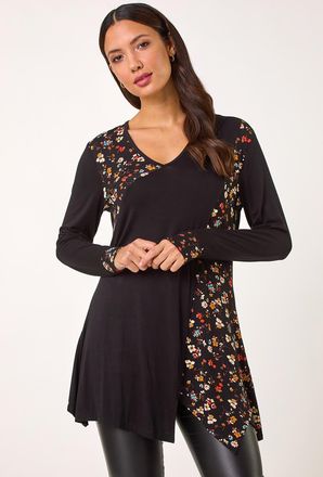 Roman Floral Print Contrast Panel Top