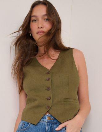 Nobody's Child Khaki V-Neck Linen-Blend Waistcoat