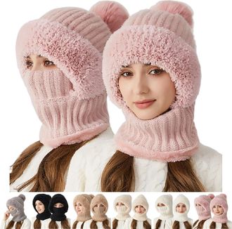 Generic 3 in 1 Beanie Hat for Women, Windproof Scarf Hat, Winter Hats for Women Cold Weather, Warm Snow Hats (UK, Alpha, One Size, with Ball on Top - Pink)