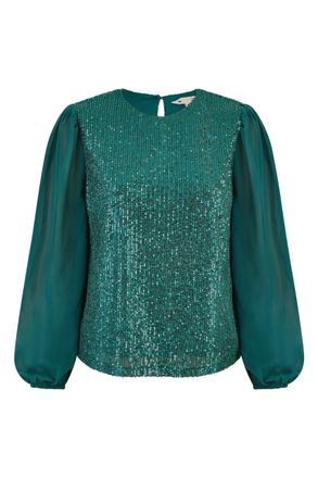 Yumi Green Sequin Top with Sheer Sleeves 14 Green