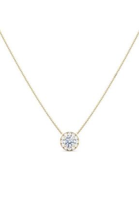 HauteCarat Round Brilliant Halo Lab Created Diamond Pendant Necklace in 18K Yellow Gold at Nordstrom