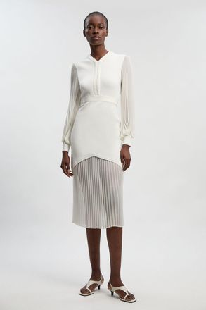 Karen Millen Womens Woven Sleeved Pleated Dress With Pu - White viscose - Size X-Small