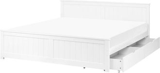 Beliani Bed Frame White Pine Wood MDF EU Super King Size 6ft with Drawers Headboard Minimalist SABRAN