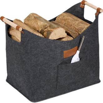 Relaxdays Relaxdays Cesto Portalegna in Feltro da 50L, con Maniglie in Legno, HLP: 40x51x32 cm, Cestino Porta Legna Camino, Grigio